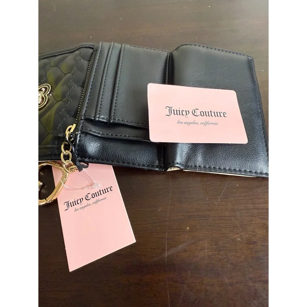 Juicy Couture Wallet Women's Black Quilted‎ Heart Trifold Charm NWT